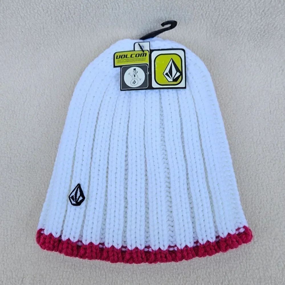 Volcom White with Hot Pink Trim Chunky Knit Beanie